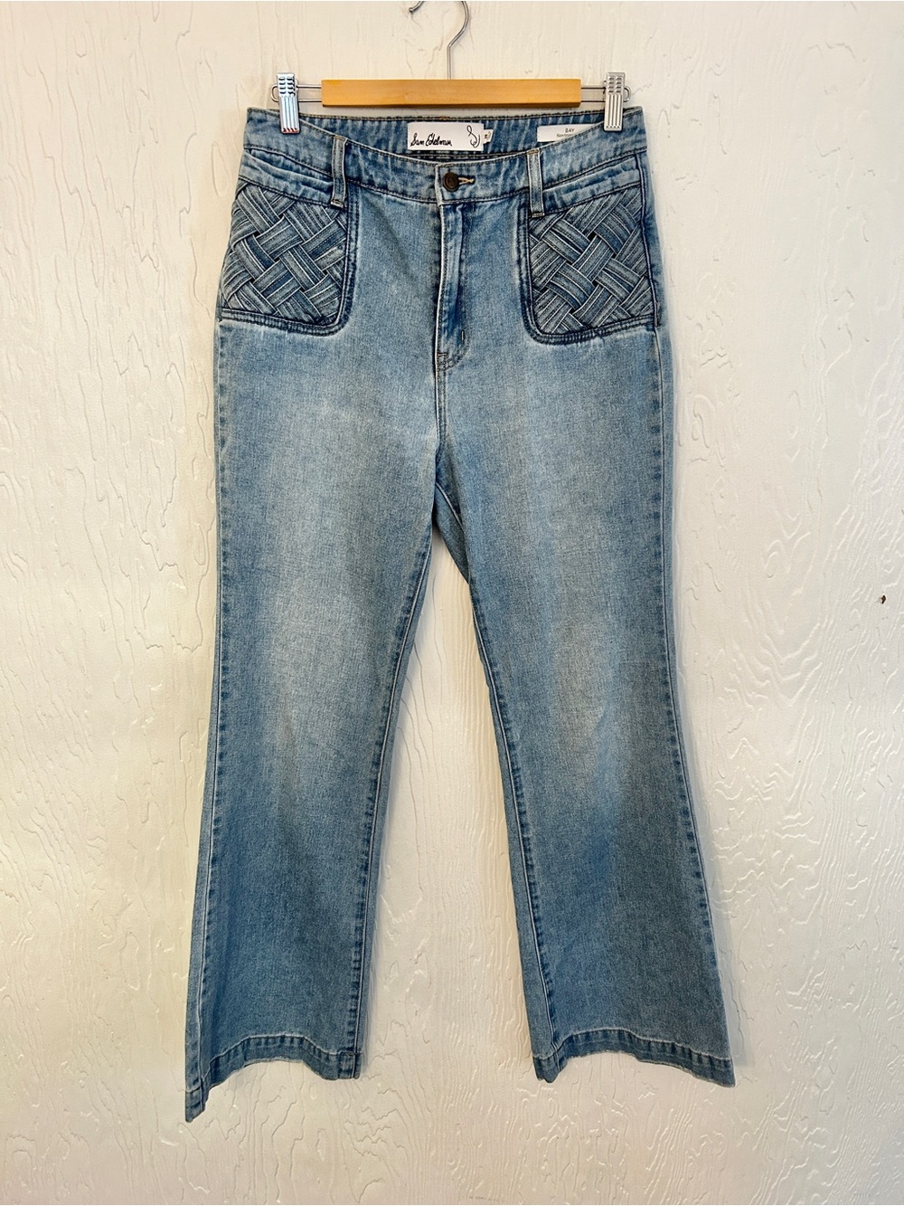 SAM EDELMAN Bay Flare Trouser Jeans 28 BlueBraided Pocket Boho Festival Texture